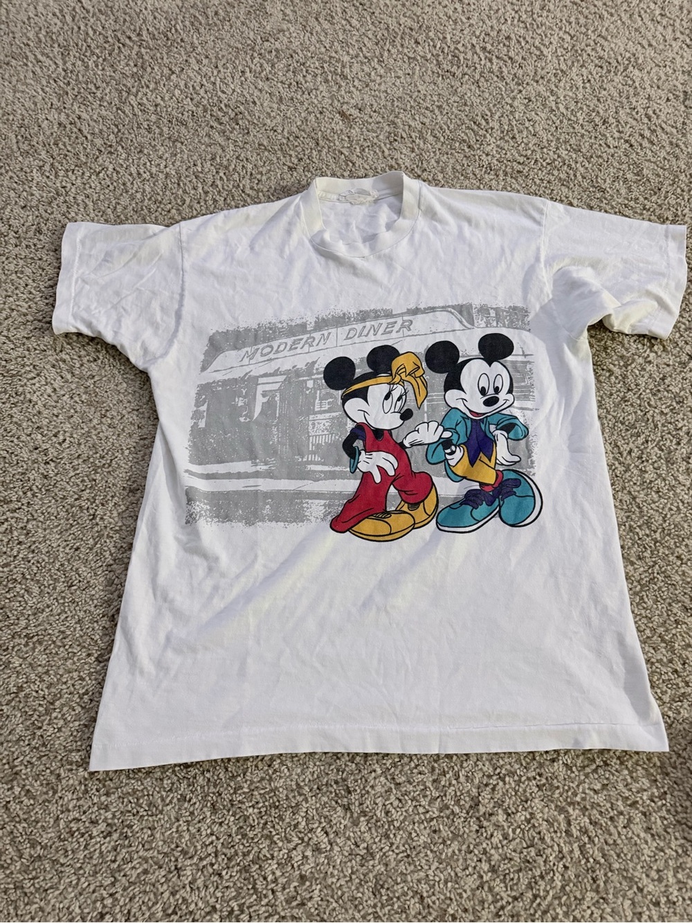 Disney White T-shirt with Red, Yellow and Teal Mickey Graphics